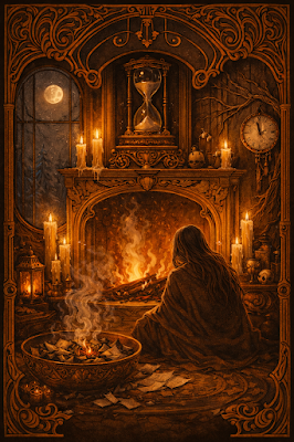 Una ilustración de estilo Art Nouveau en tonos dorado, naranja y sepia, que parece una carta de tarot ornamental. El borde está decorado con intrincada filigrana y símbolos de Arcane Domus: una llave y el Ojo de Hécate. En el centro, una figura sentada de espaldas, con el cabello largo y oscuro, mira hacia una gran chimenea encendida. En la repisa de la chimenea hay muchas velas encendidas, un reloj de pared y un reloj de arena, simbolizando el paso del tiempo. A través de un gran ventanal gótico se ve la luna llena en un cielo nocturno. En el suelo, junto a la figura, hay una gran vasija de cerámica llena de papeles viejos y cenizas, representando rituales obsoletos.