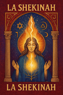 Una ilustración mística de estilo clásico sobre un fondo carmesí. En el centro, una figura femenina de cabellos largos y túnica azul aparece en actitud de oración con las manos elevadas. Un pilar de fuego dorado desciende sobre ella, iluminando su rostro y pecho. La escena está enmarcada por dos columnas clásicas y un arco que contiene símbolos celestes como una estrella de seis puntas y lunas crecientes. El texto "LA SHEKINAH" aparece en la parte superior e inferior en tipografía dorada, representando la manifestación de la presencia divina en Arcane Domus