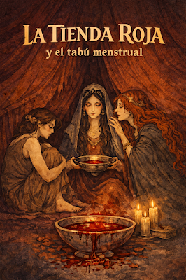 Una ilustración de estilo Art Nouveau y tonos cálidos (terracota, naranja y ocre) que muestra a tres mujeres bajo una carpa o tienda de tela. La figura central sostiene un cuenco con un líquido rojo, mientras las otras dos la acompañan en una atmósfera solemne. En primer plano, otro cuenco rebosa el mismo líquido junto a velas encendidas. El título "La Tienda Roja y el tabú menstrual" aparece en la parte superior, ilustrando la crítica de Arcane Domus a la falsificación de lo ancestral.