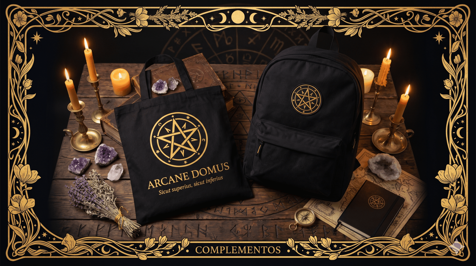Mochila y tote bag de Arcane Domus sobre un escritorio de madera