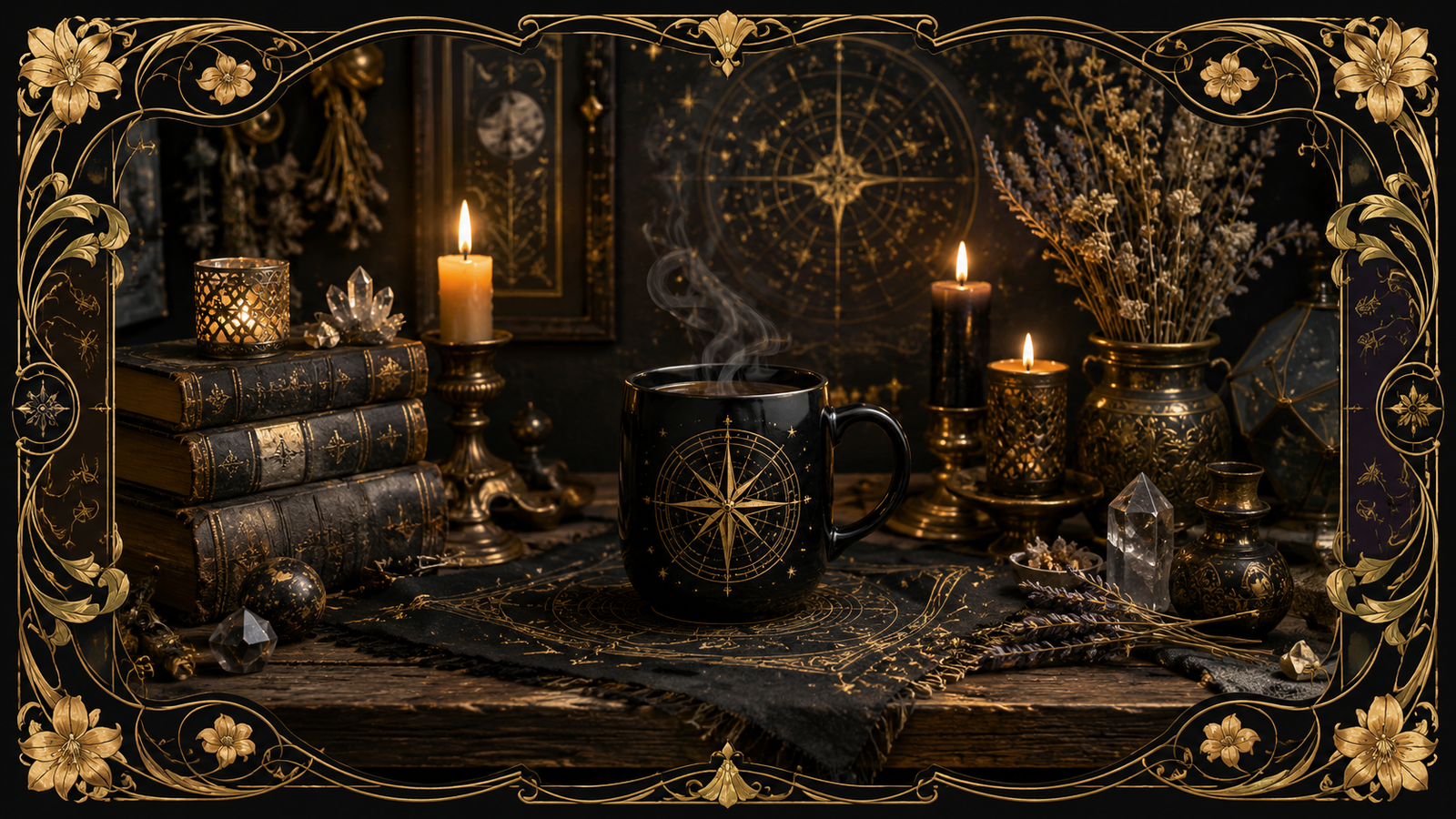 Rincón de estudio con libros antiguos, velas y una taza negra de Arcane Domus