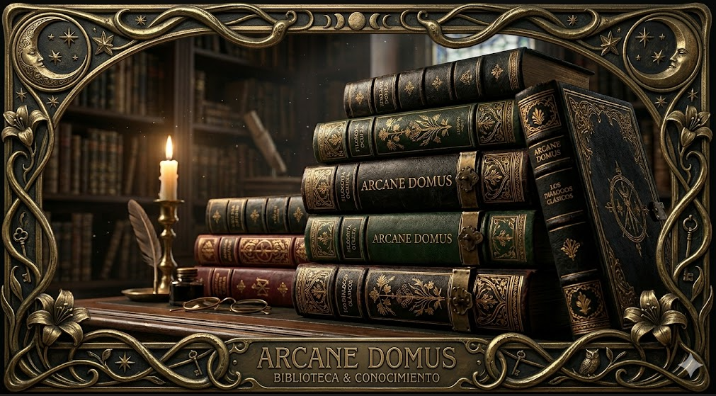 Colección de libros y tomos clásicos de encuadernación oscura y detalles dorados, iluminados por la luz de una vela, rodeados por un marco ornamental.
