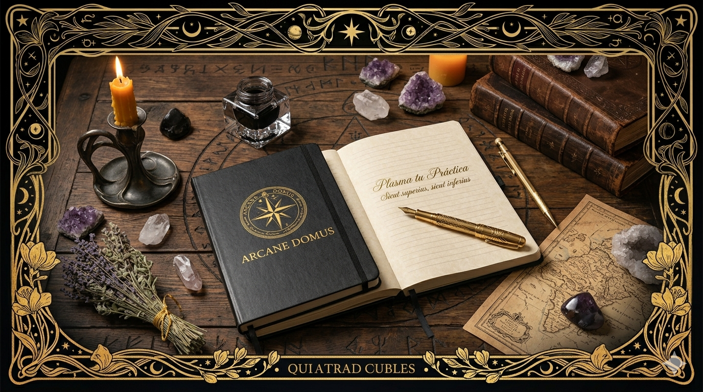 Cuaderno oscuro de Arcane Domus abierto sobre un escritorio con pluma y tintero