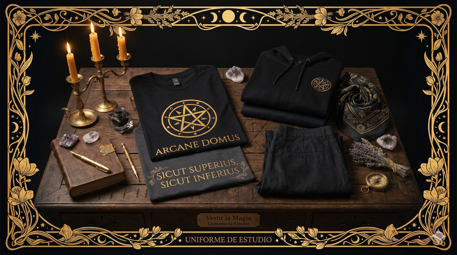 Prendas de algodón oscuro de Arcane Domus dobladas cuidadosamente