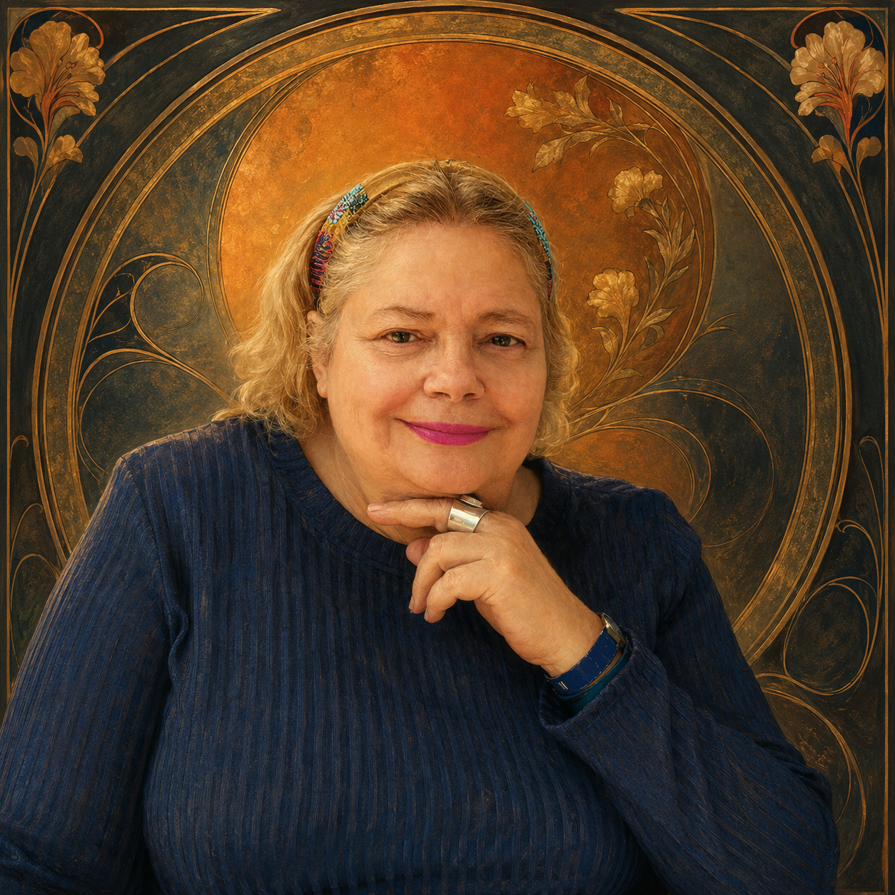 Retrato de Lupe Lindell, lectora de tarot con estética Art Nouveau en Arcane Domus